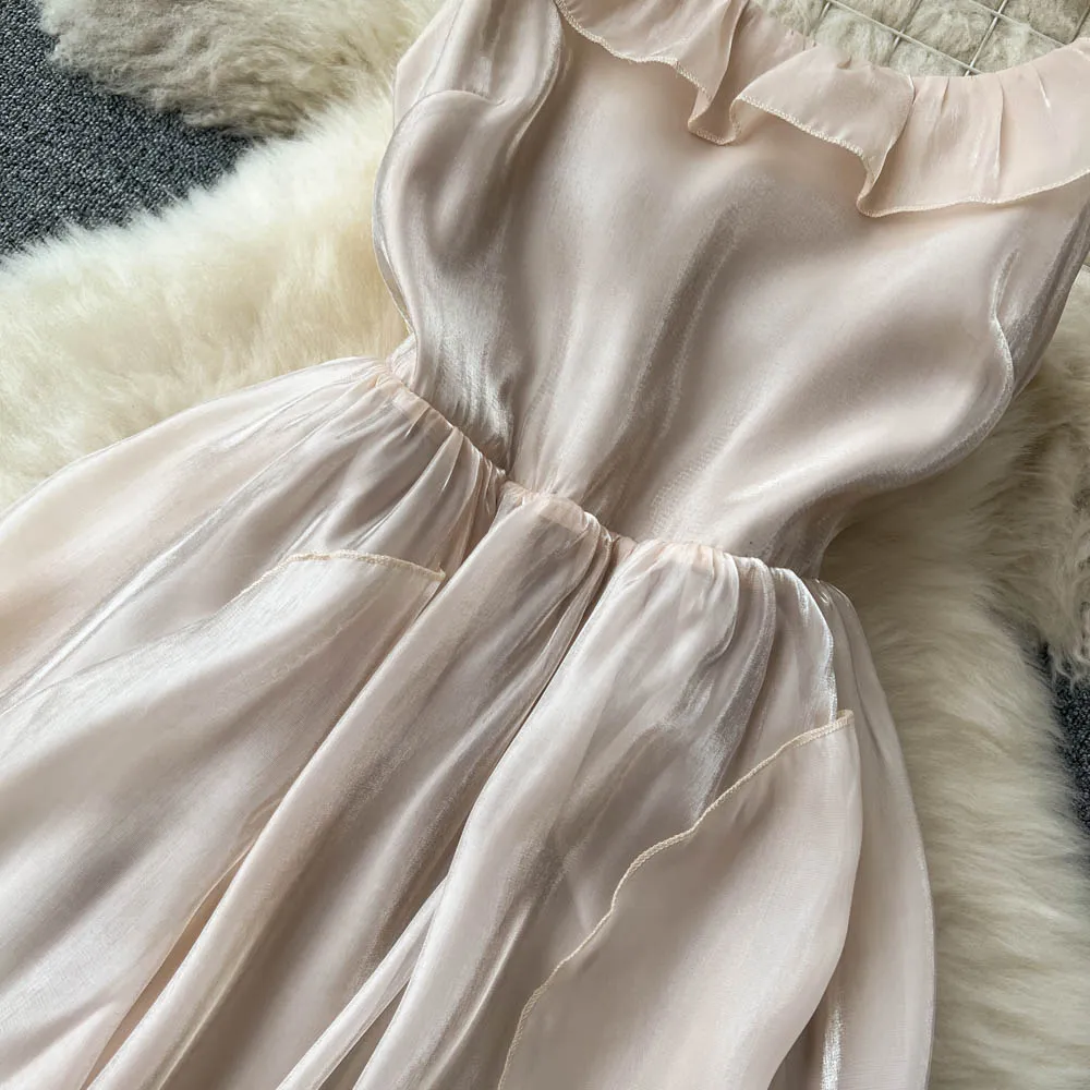 Mori Apricot Ruffled Slip Chiffon Dress
